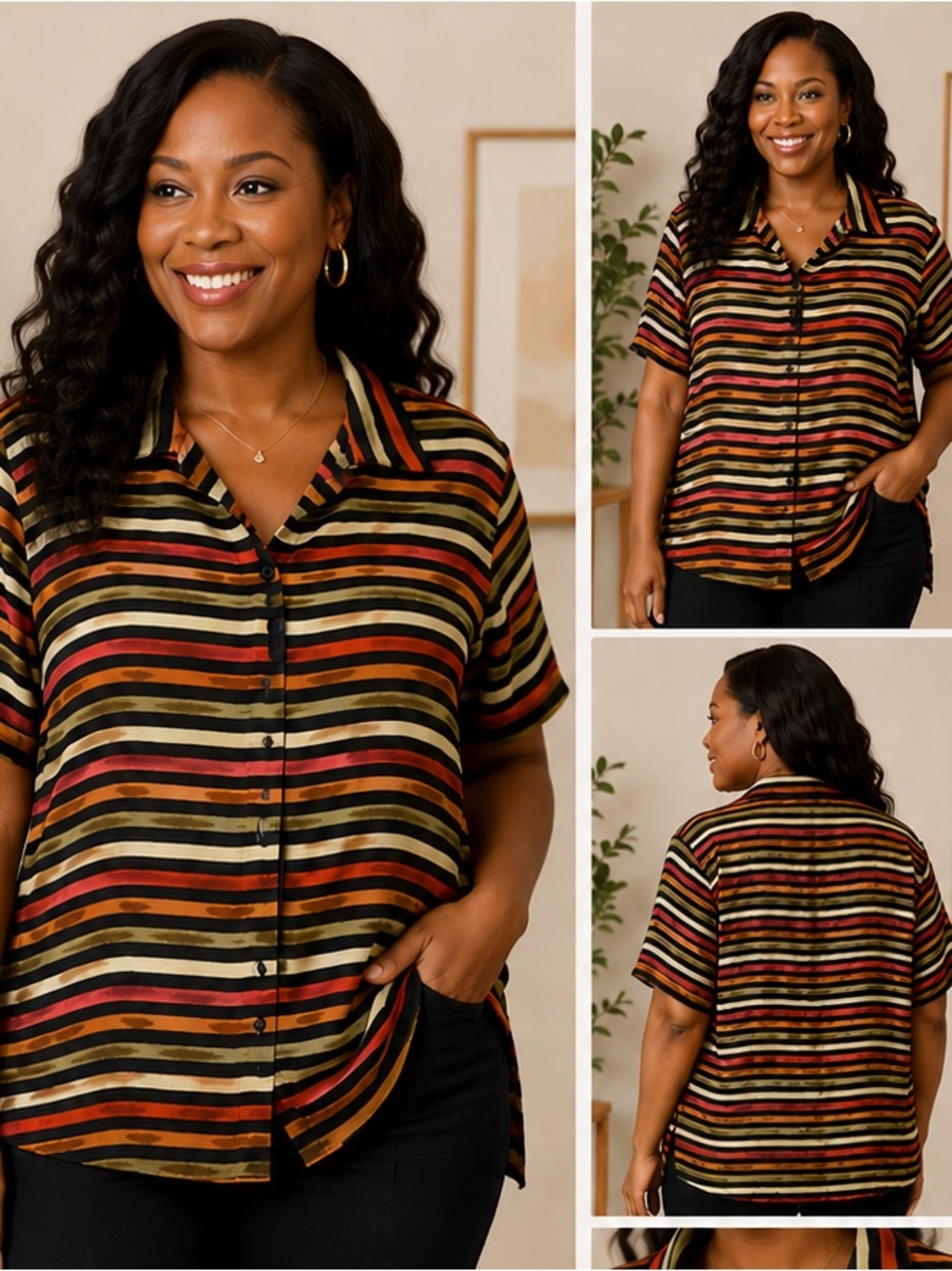 Stunt Multicolor Striped Button‎ Front Blouse Size Large